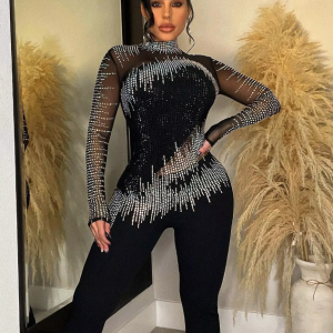 Diamonds Rhinestones Mesh See Though Long Sleeve Stretch Party Evening Jumpsuit