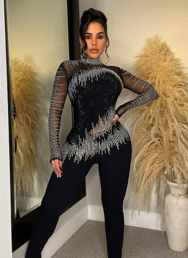 Diamonds Rhinestones Mesh See Though Long Sleeve Stretch Party Evening Jumpsuit