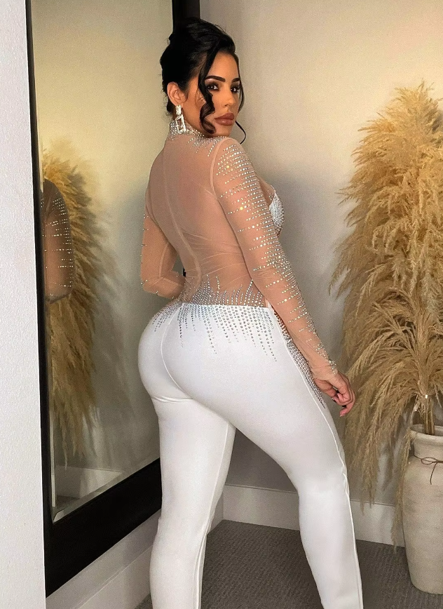 Diamonds Rhinestones Mesh See Though Long Sleeve Stretch Party Evening Jumpsuit - Image 4
