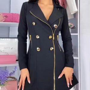 Double Breasted Buttoned Long Sleeve Zipper Pocket Design Notched Collar Office Lady Blazer Dress