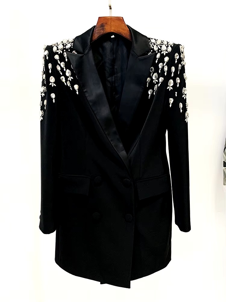 Double Breasted Rhinestone Diamonds Beaded Long High Street Designer Blazer Dress - Image 2