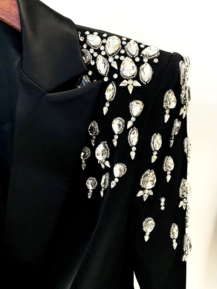 Double Breasted Rhinestone Diamonds Beaded Long High Street Designer Blazer Dress - Image 4