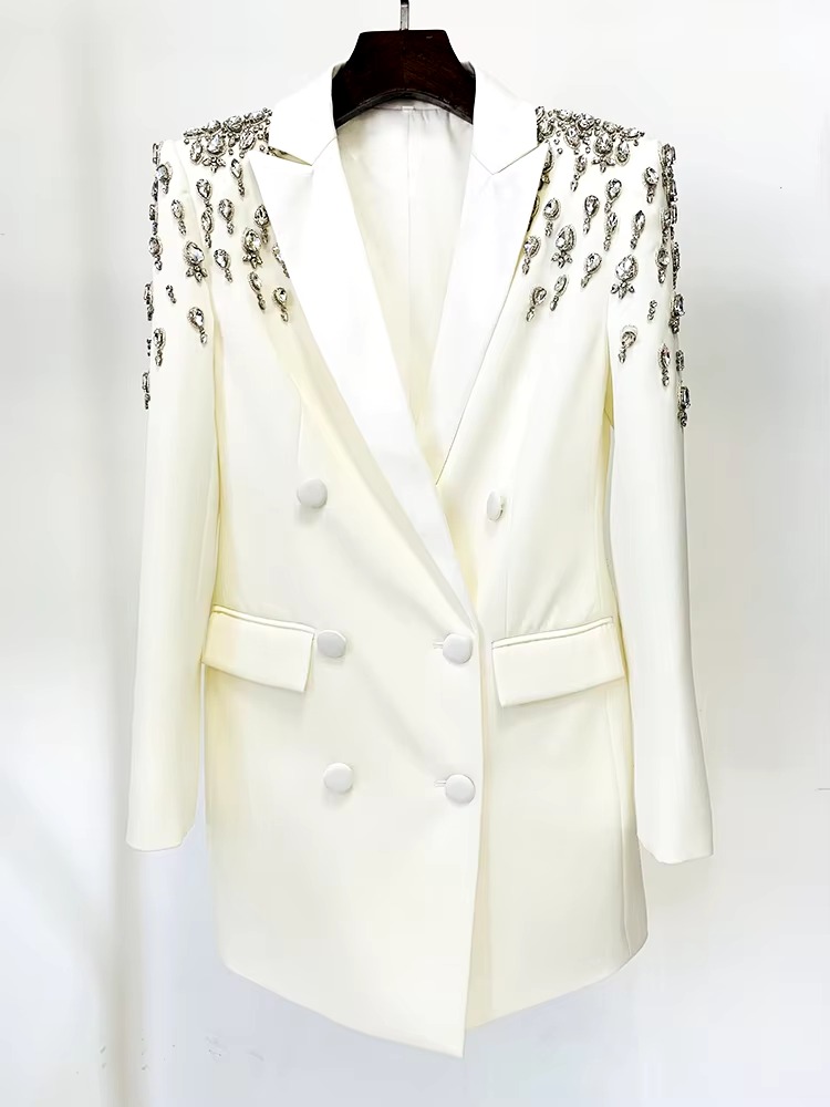 Double Breasted Rhinestone Diamonds Beaded Long High Street Designer Blazer Dress - Image 7