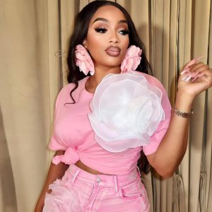 Elegant 3D Flower O-Neck Short Sleeve Decoration T-Shirts