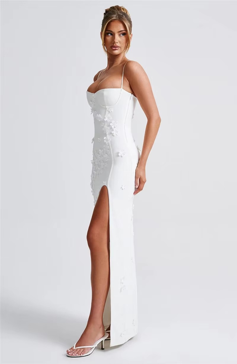 Elegant 3D Flower Spaghetti Strap Thigh High Split Maxi Dress - Image 19