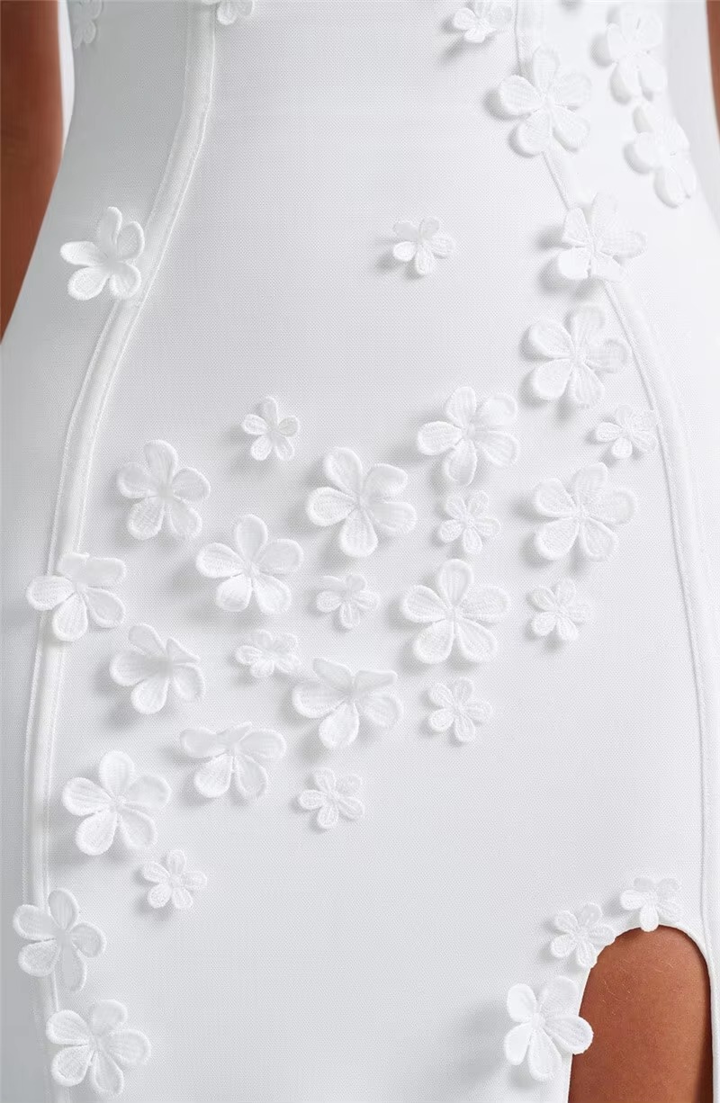 Elegant 3D Flower Spaghetti Strap Thigh High Split Maxi Dress - Image 21