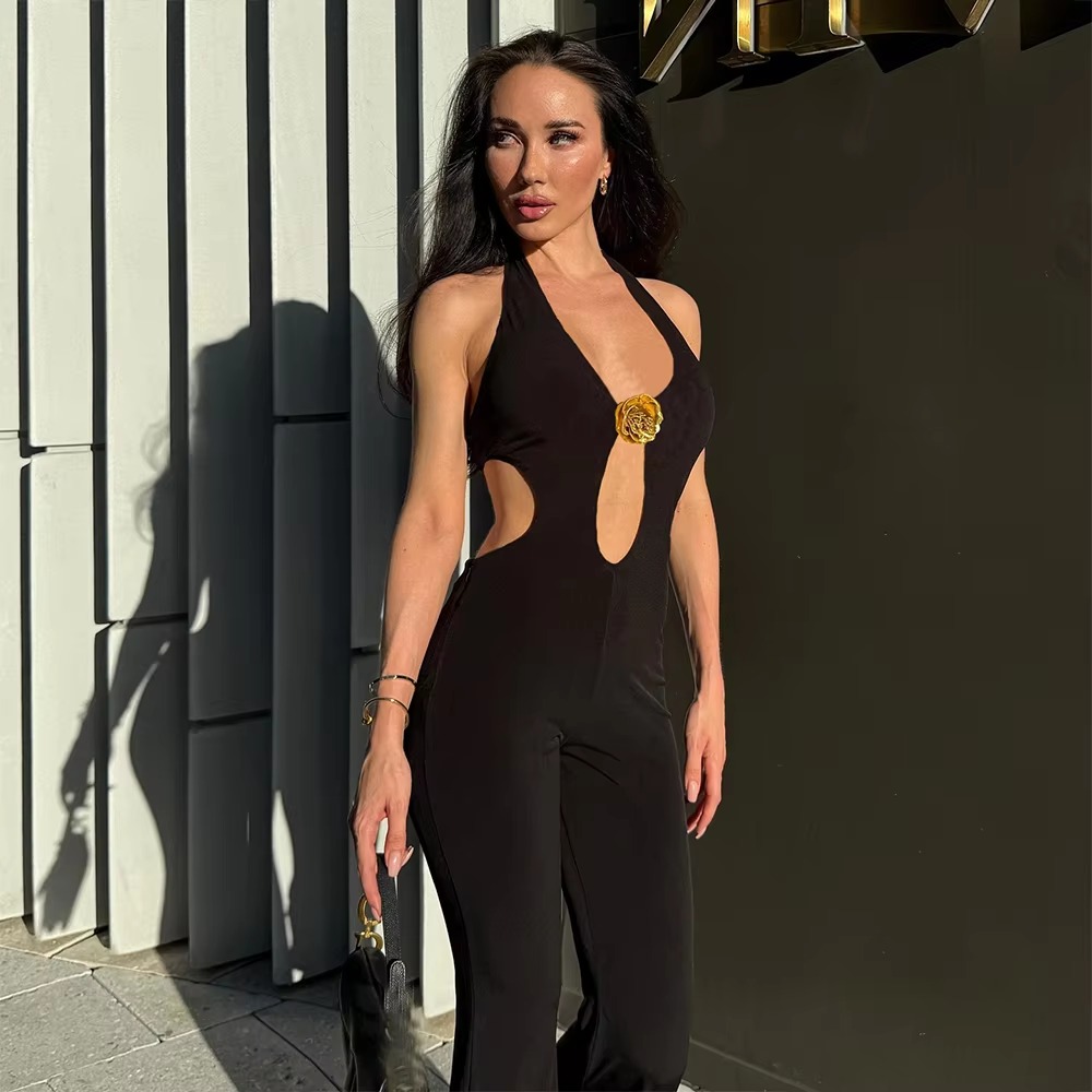Elegant 3D Flower Trim Halter Lace Up Backless Cut Out Jumpsuits - Image 2