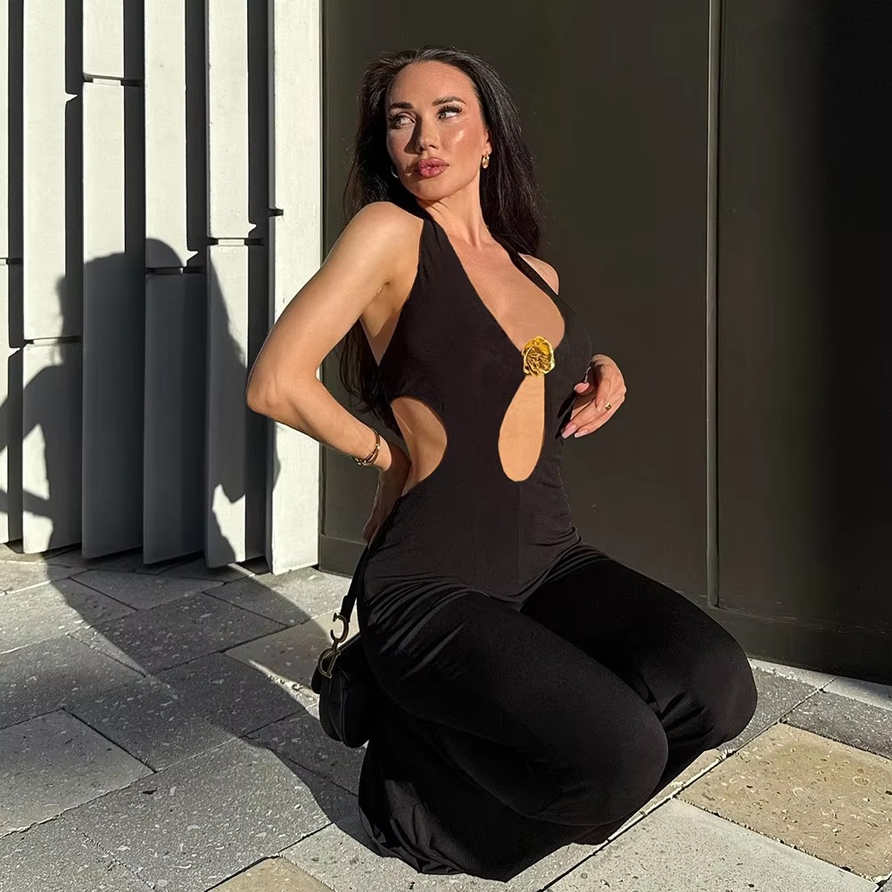 Elegant 3D Flower Trim Halter Lace Up Backless Cut Out Jumpsuits - Image 3