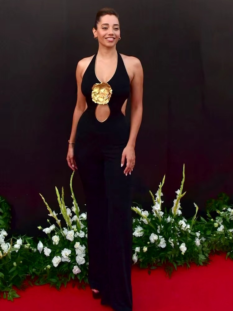 Elegant 3D Stero Flower Details Key Hole Halter Backless Hollow Out Cocktail Party Jumpsuit