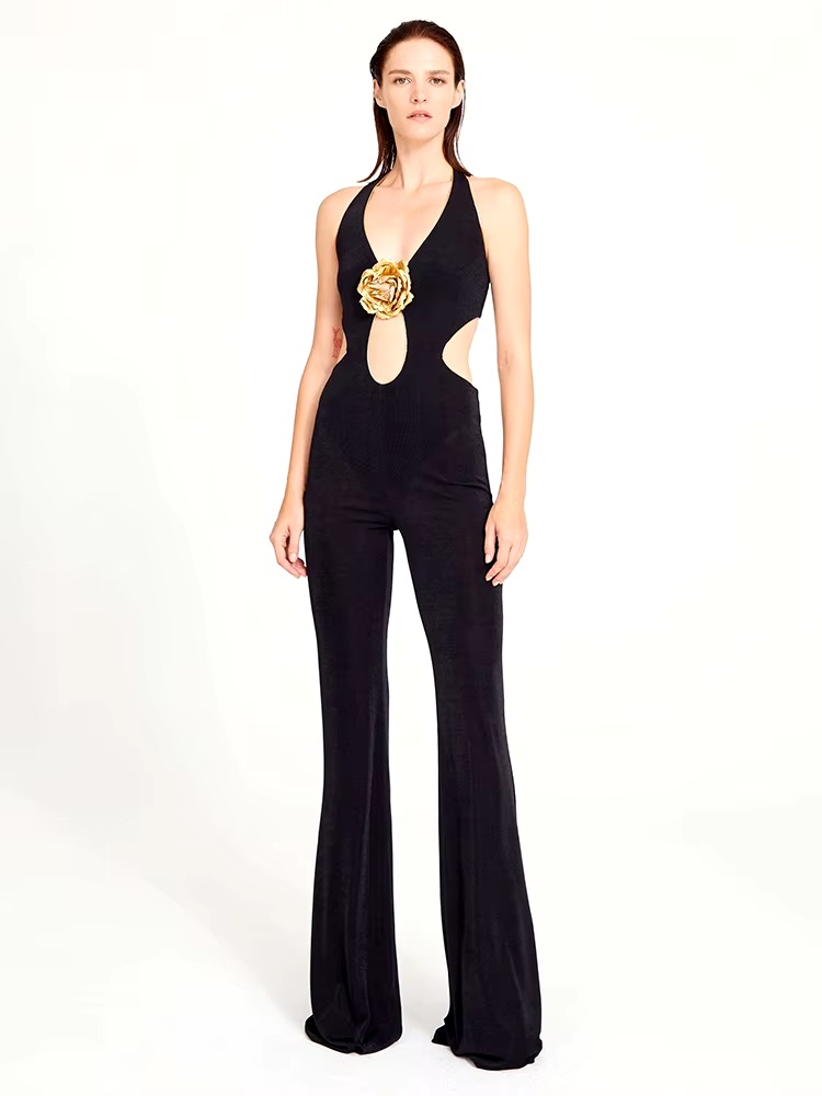 Elegant 3D Stero Flower Details Key Hole Halter Backless Hollow Out Cocktail Party Jumpsuit - Image 3