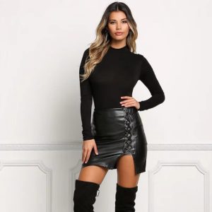Elegant Above Knee PU Leather Split Slight Stretch Mini Skirts