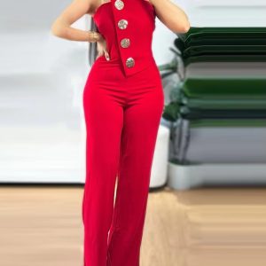 Elegant Asymmetrical Bandeau Strapless Metal Button Decor Casual Long Jumpsuits