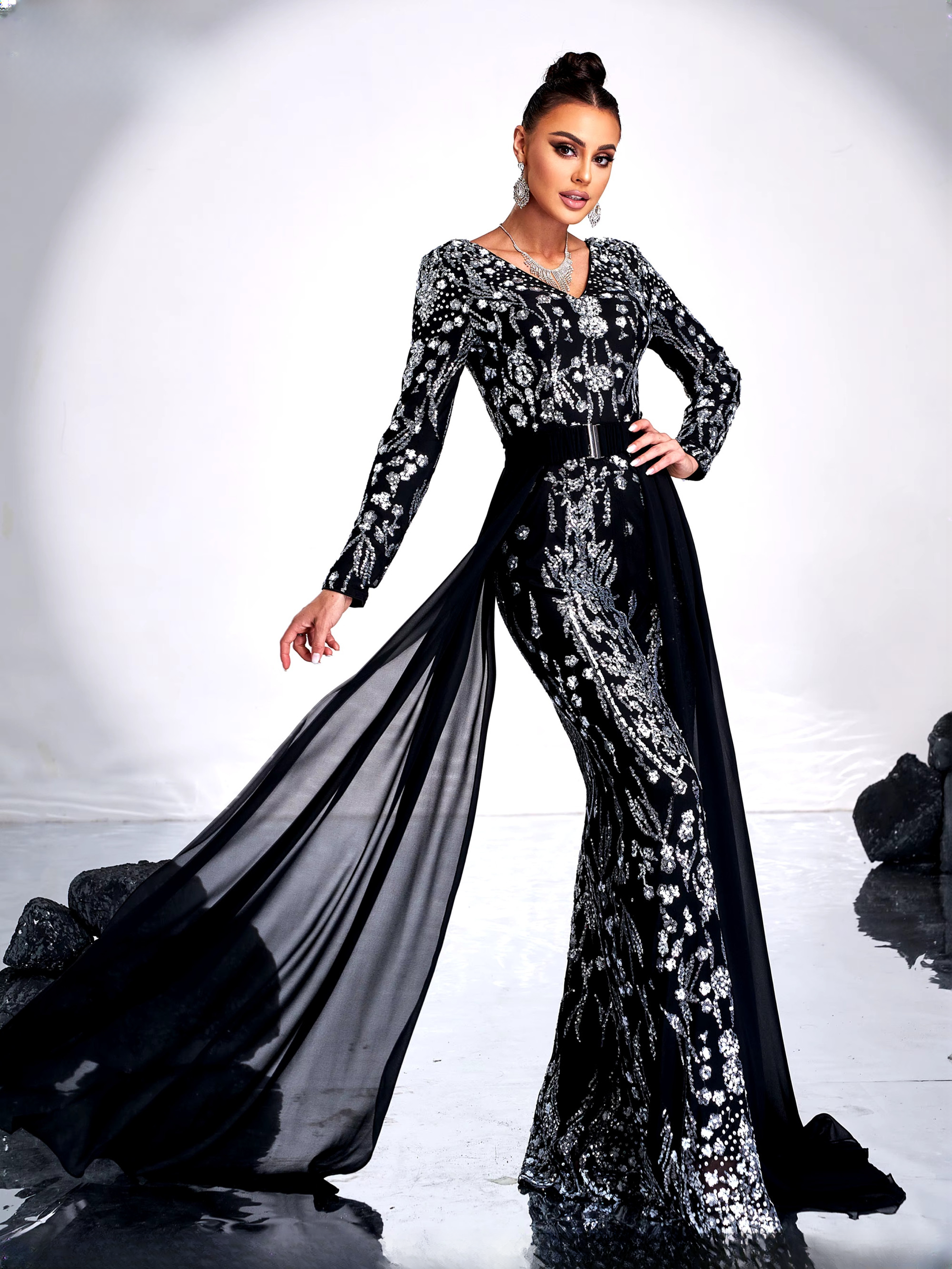 Elegant Beautiful V Neck Long Sleeved Sequin Party Luxury Formal Occasion Draped Jumpsuit - Image 3