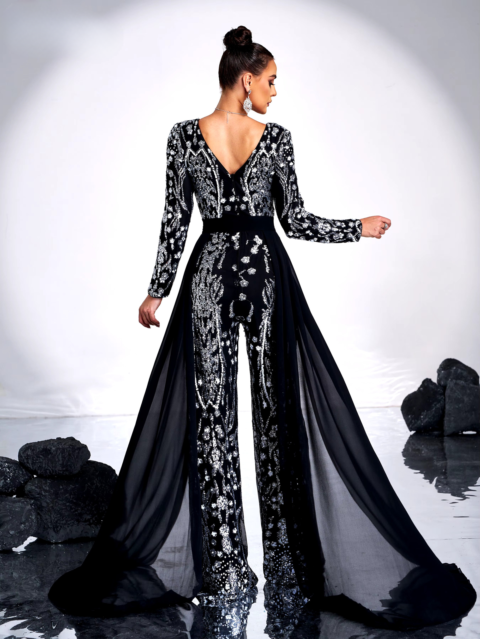 Elegant Beautiful V Neck Long Sleeved Sequin Party Luxury Formal Occasion Draped Jumpsuit - Image 5