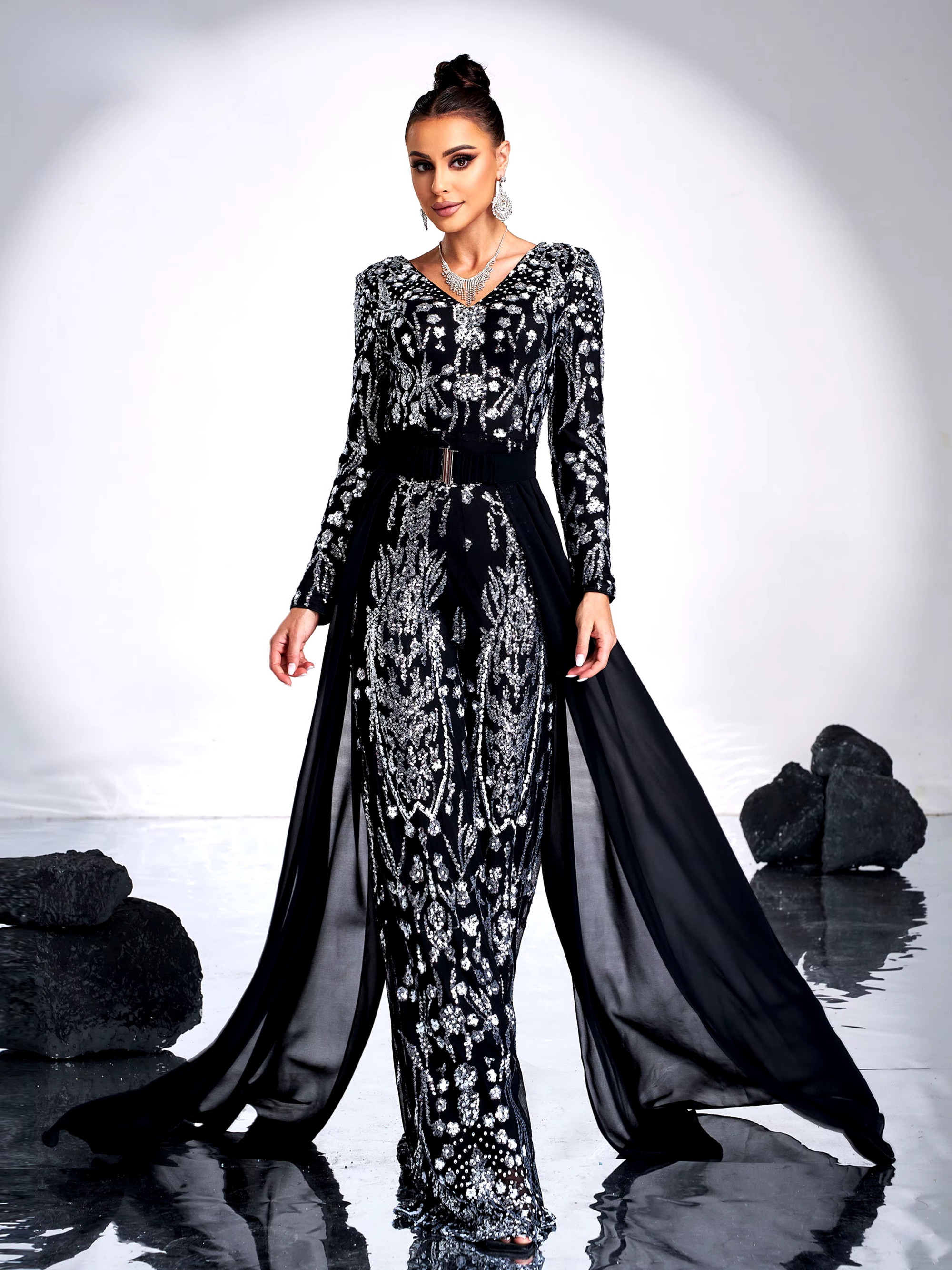 Elegant Beautiful V Neck Long Sleeved Sequin Party Luxury Formal Occasion Draped Jumpsuit