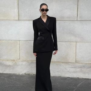 Elegant Blazer And High Waist Slim Fit Maxi Skirt 2 Piece Set