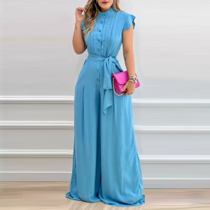 Elegant Button Sashes Short Flying Sleeves Folds Straight Leg Casual Working Jumpsuit