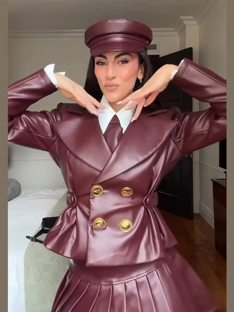 Elegant Double Breasted Leather Lapel Chic Slim Jacket Mini Skirts Set - Image 4