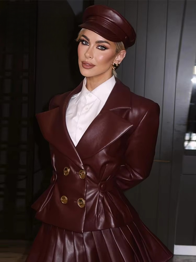 Elegant Double Breasted Leather Lapel Chic Slim Jacket Mini Skirts Set - Image 3