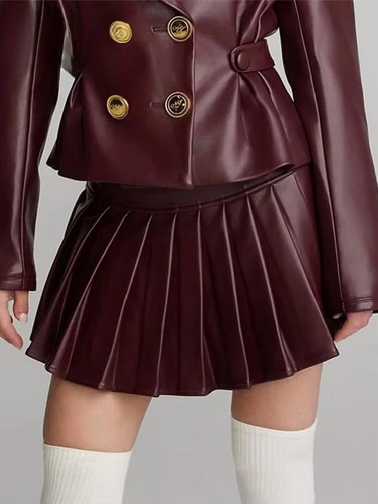 Elegant Double Breasted Leather Lapel Chic Slim Jacket Mini Skirts Set - Image 9