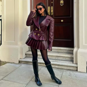 Elegant Double Breasted Leather Lapel Chic Slim Jacket Mini Skirts Set