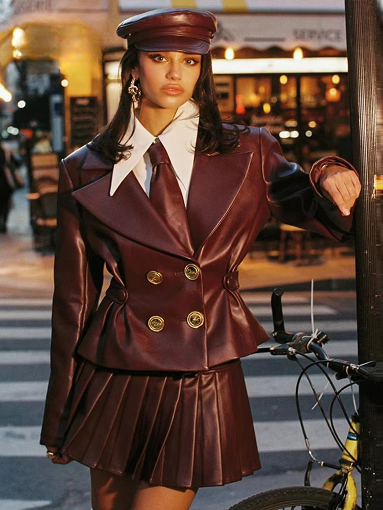 Elegant Double Breasted Leather Lapel Chic Slim Jacket Mini Skirts Set - Image 7