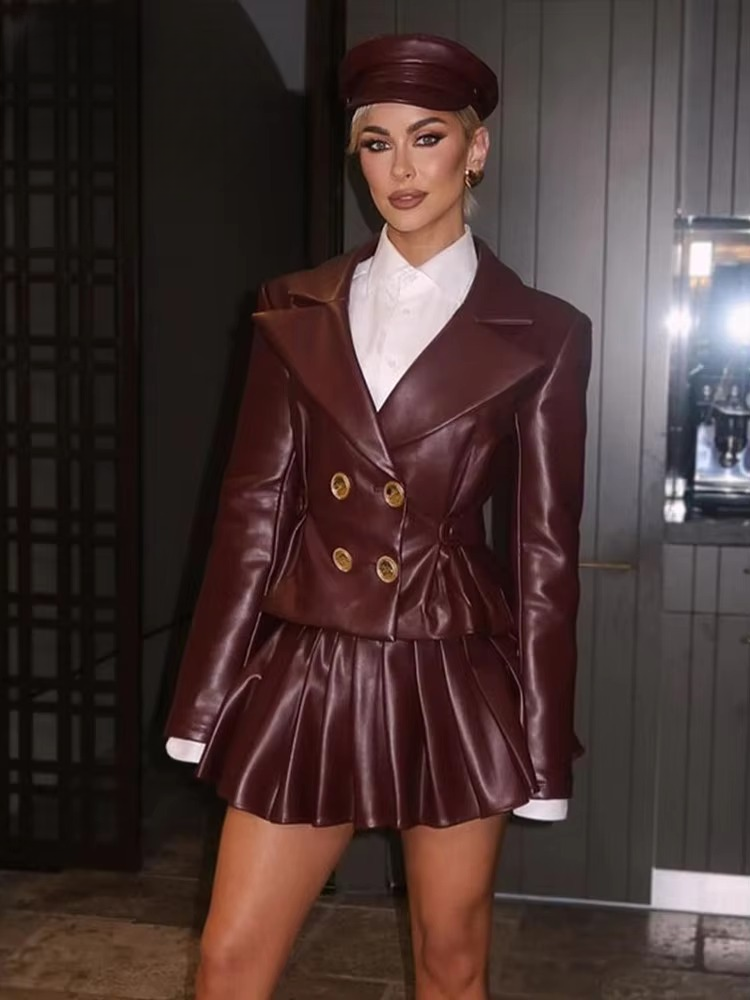 Elegant Double Breasted Leather Lapel Chic Slim Jacket Mini Skirts Set - Image 2
