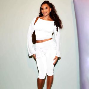 Elegant Draped Knee Length Pants Long Sleeve Tops 2 Piece Set