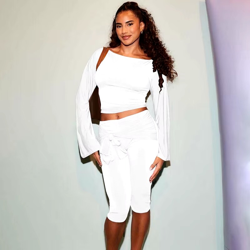 Elegant Draped Knee Length Pants Long Sleeve Tops 2 Piece Set