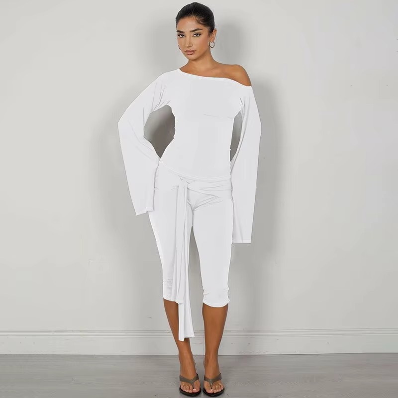 Elegant Draped Knee Length Pants Long Sleeve Tops 2 Piece Set - Image 2