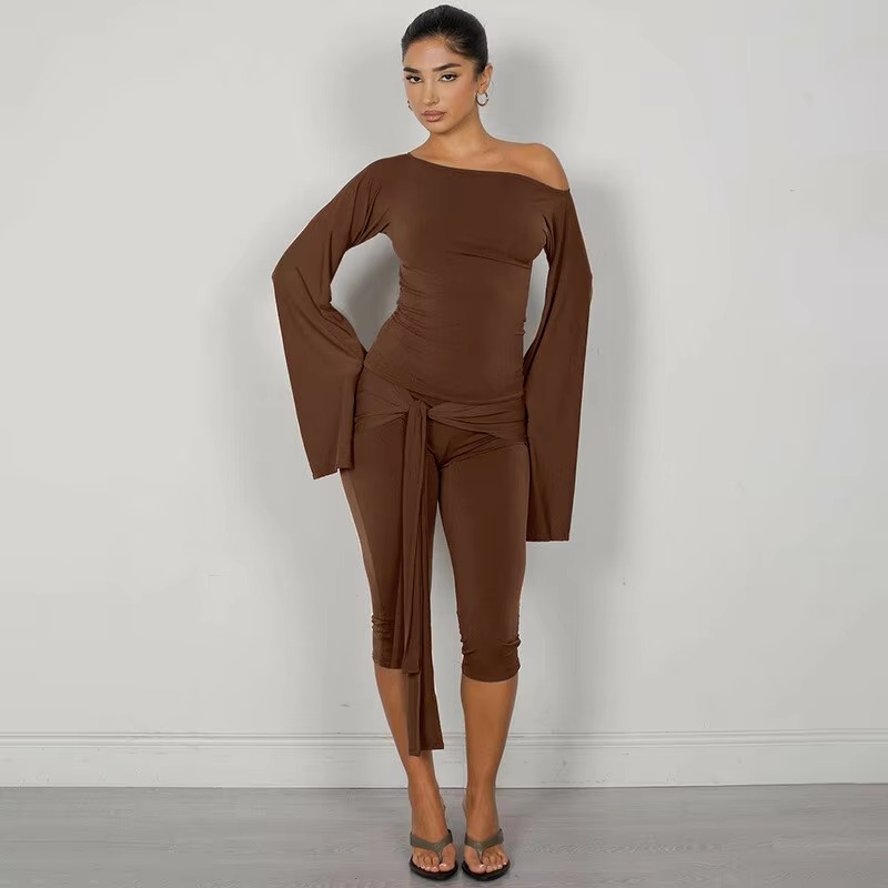 Elegant Draped Knee Length Pants Long Sleeve Tops 2 Piece Set - Image 4