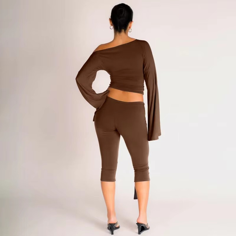 Elegant Draped Knee Length Pants Long Sleeve Tops 2 Piece Set - Image 6