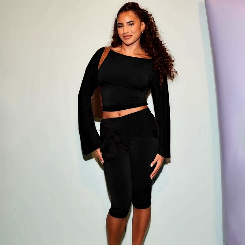 Elegant Draped Knee Length Pants Long Sleeve Tops 2 Piece Set - Image 7