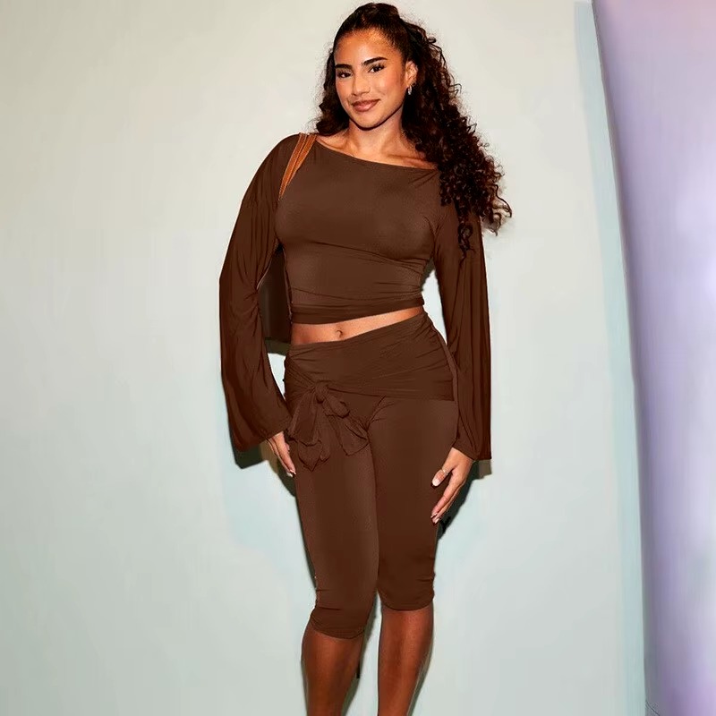 Elegant Draped Knee Length Pants Long Sleeve Tops 2 Piece Set - Image 5