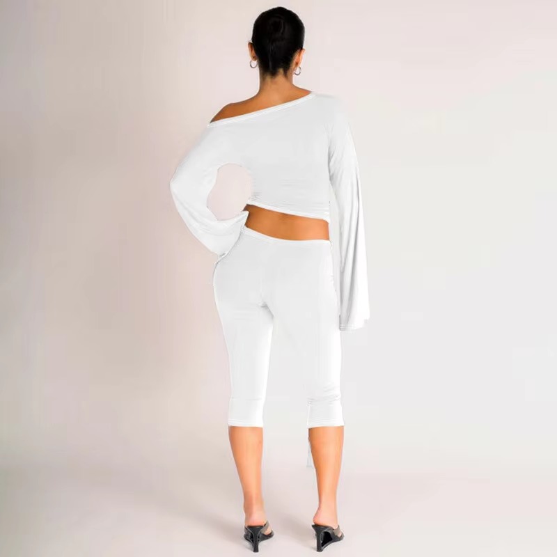 Elegant Draped Knee Length Pants Long Sleeve Tops 2 Piece Set - Image 3