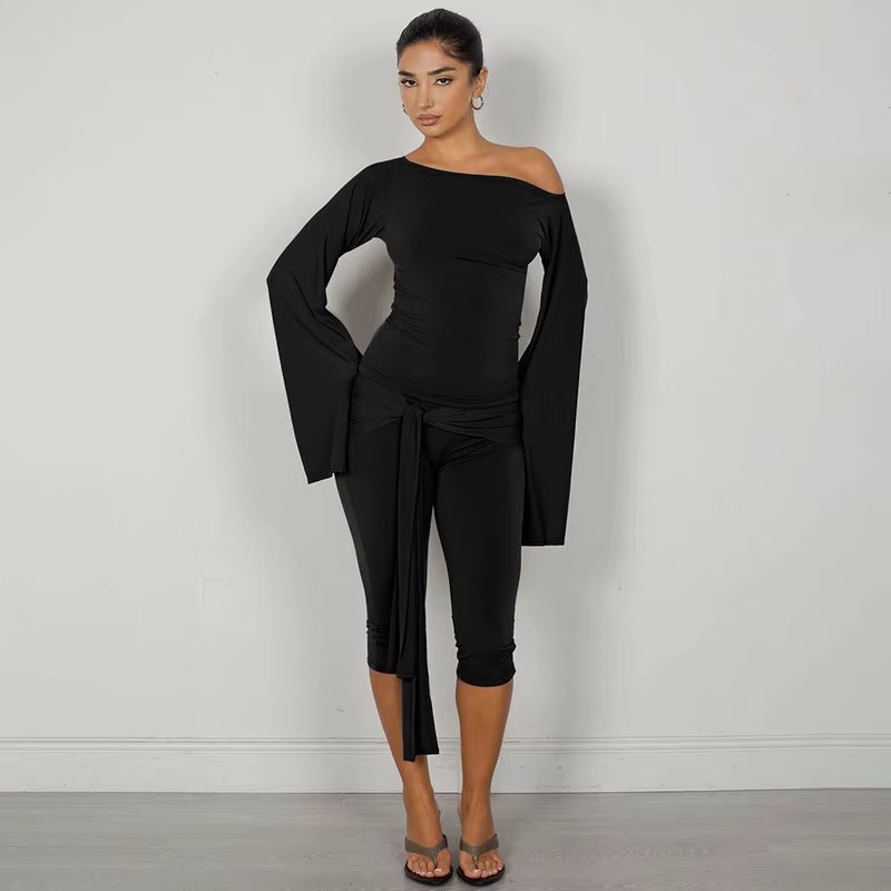 Elegant Draped Knee Length Pants Long Sleeve Tops 2 Piece Set - Image 8
