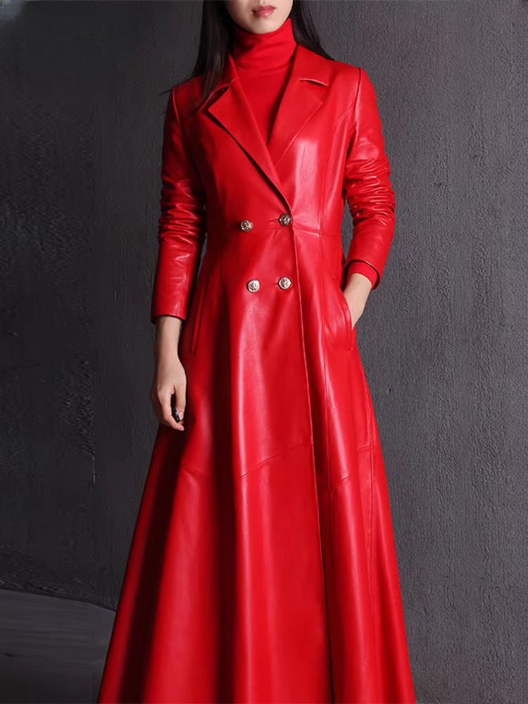 Elegant Faux Leather Double Breasted Full Sleeve Office Lady Trench Coat - Image 4