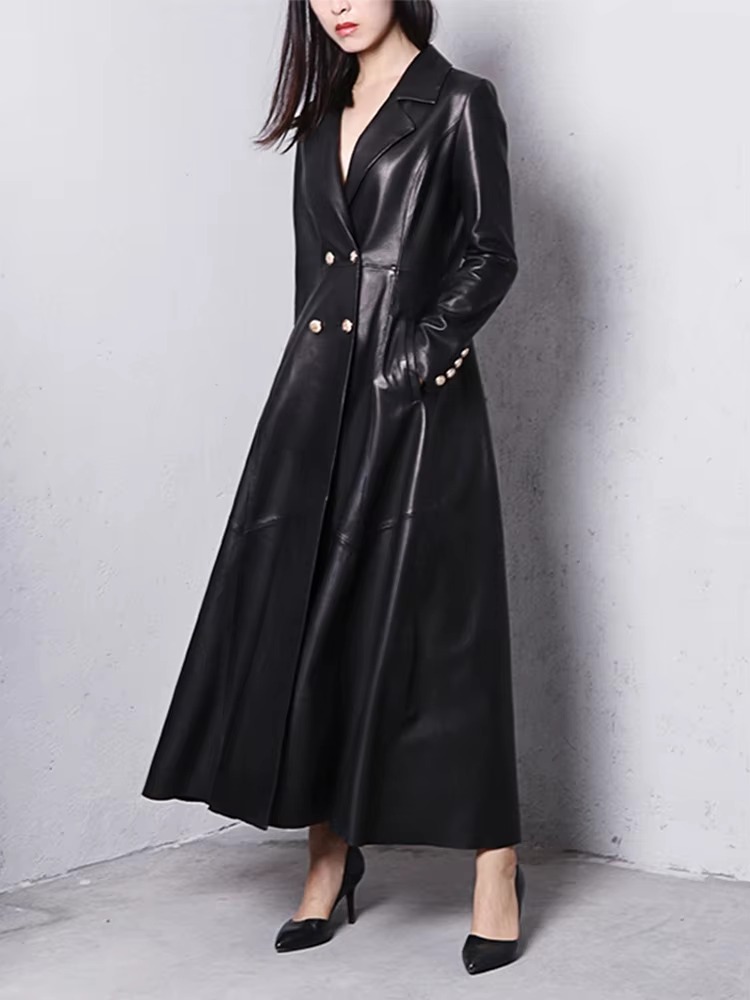 Elegant Faux Leather Double Breasted Full Sleeve Office Lady Trench Coat - Image 2