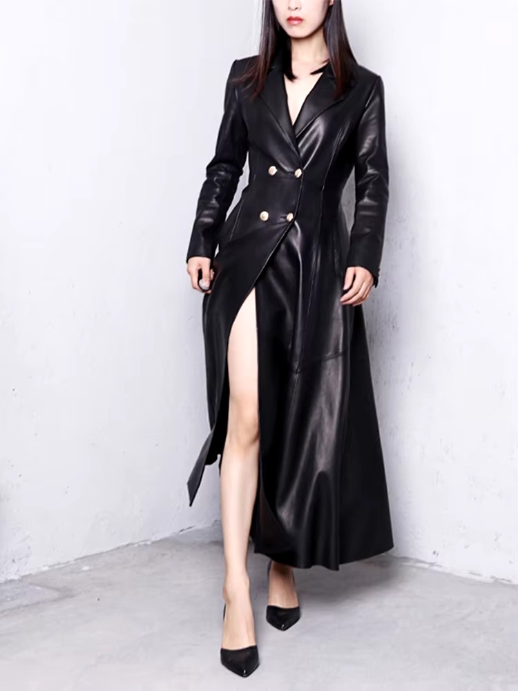 Elegant Faux Leather Double Breasted Full Sleeve Office Lady Trench Coat