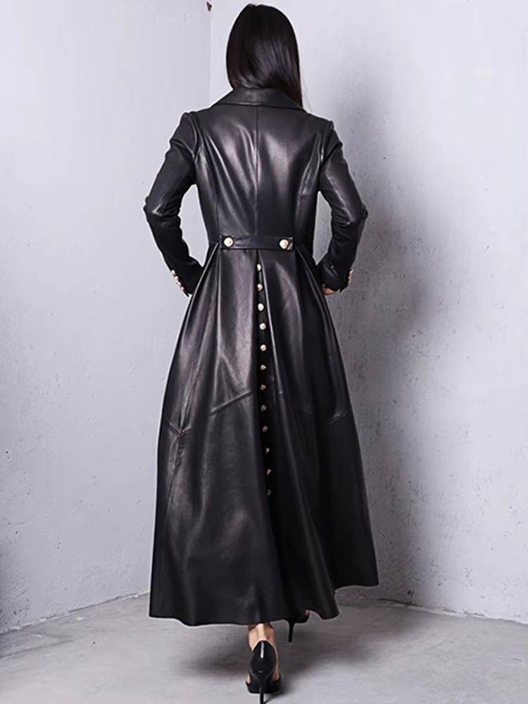 Elegant Faux Leather Double Breasted Full Sleeve Office Lady Trench Coat - Image 3