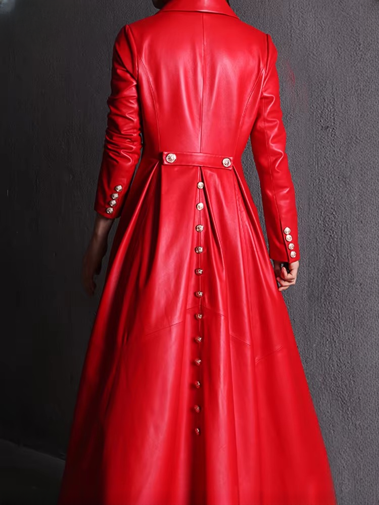 Elegant Faux Leather Double Breasted Full Sleeve Office Lady Trench Coat - Image 5