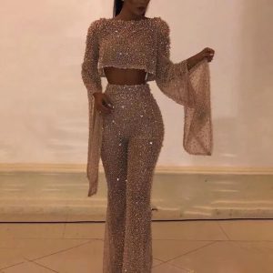 Elegant Flare Sleeve O Neck Cut Out Waist Backless Shiny Sequin Jumpsuits