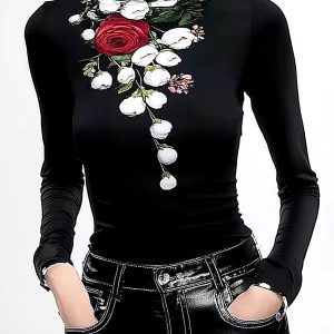 Elegant Floral Printed Long Sleeves High Neck Pullover Split-Joint Casual T-shirts