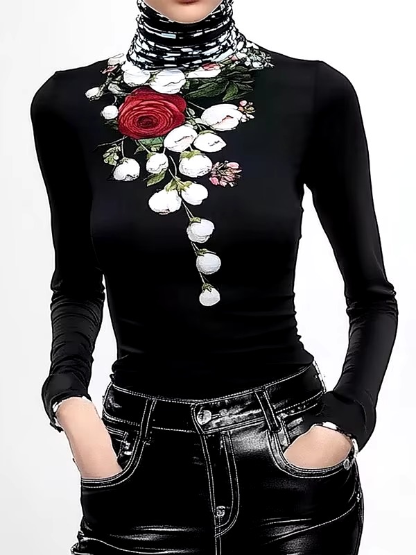 Elegant Floral Printed Long Sleeves High Neck Pullover Split-Joint Casual T-shirts