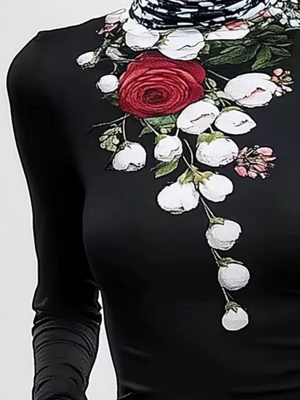 Elegant Floral Printed Long Sleeves High Neck Pullover Split-Joint Casual T-shirts - Image 2