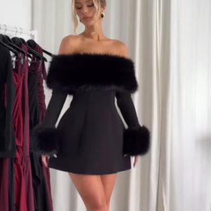 Elegant Fluffy Fur Slash Collar High Waist Slim Mini Dress