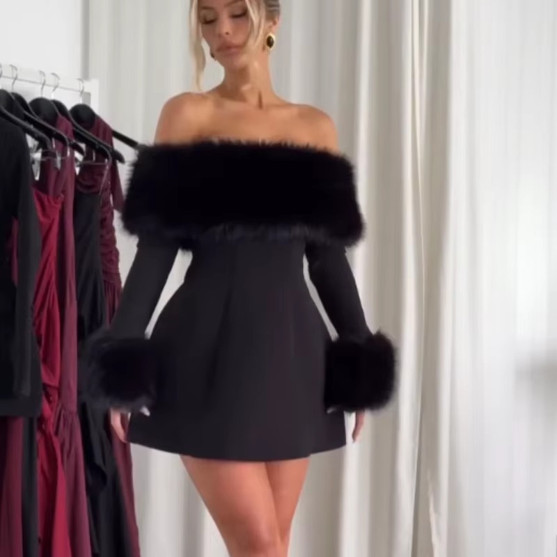 Elegant Fluffy Fur Slash Collar High Waist Slim Mini Dress