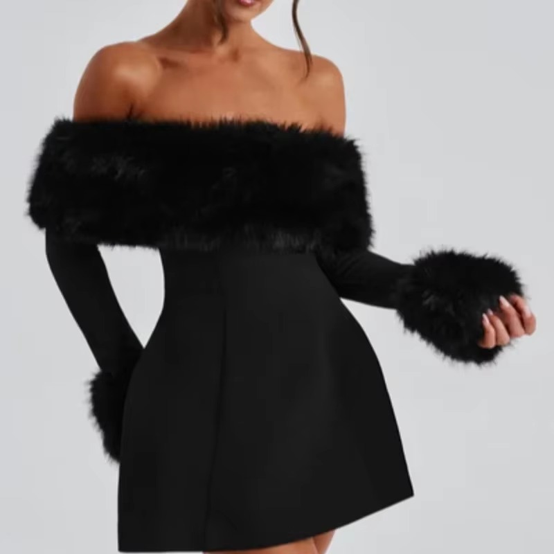 Elegant Fluffy Fur Slash Collar High Waist Slim Mini Dress - Image 3