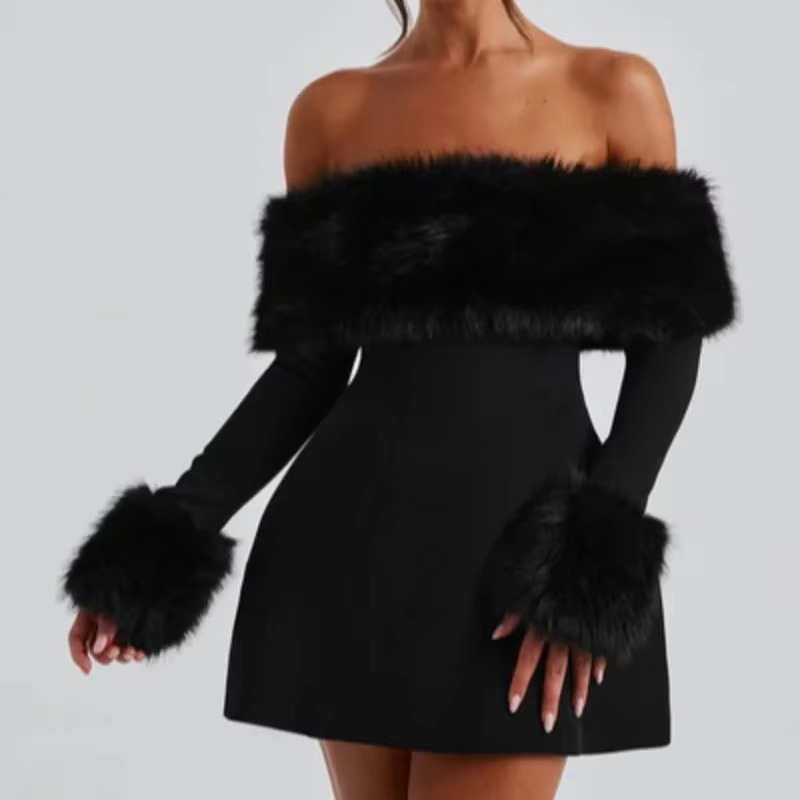 Elegant Fluffy Fur Slash Collar High Waist Slim Mini Dress - Image 4