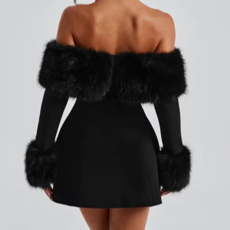 Elegant Fluffy Fur Slash Collar High Waist Slim Mini Dress - Image 5